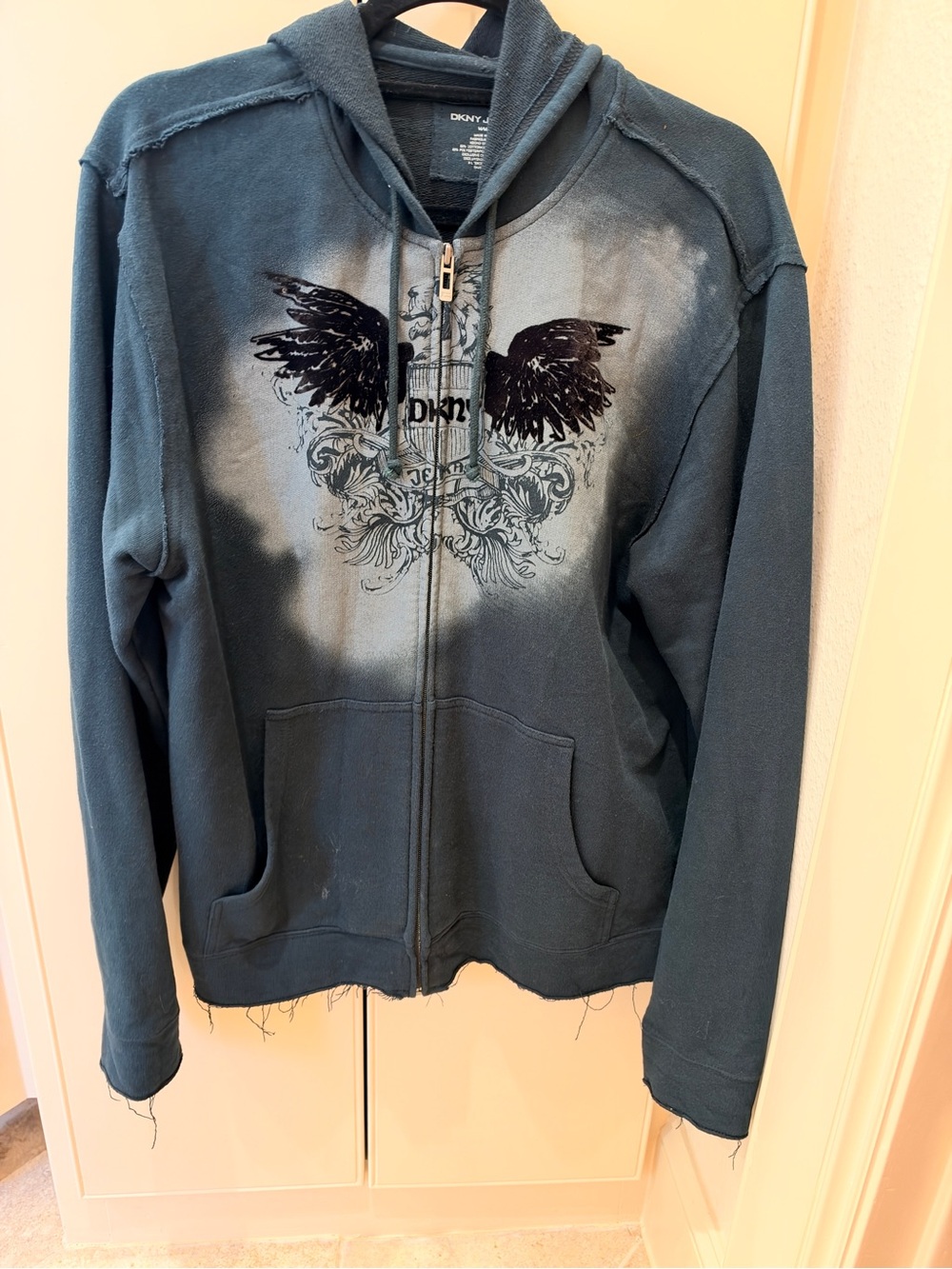 DKNY Men’s Grey Zip-Up Hoodie Jacket with Graphic Wings